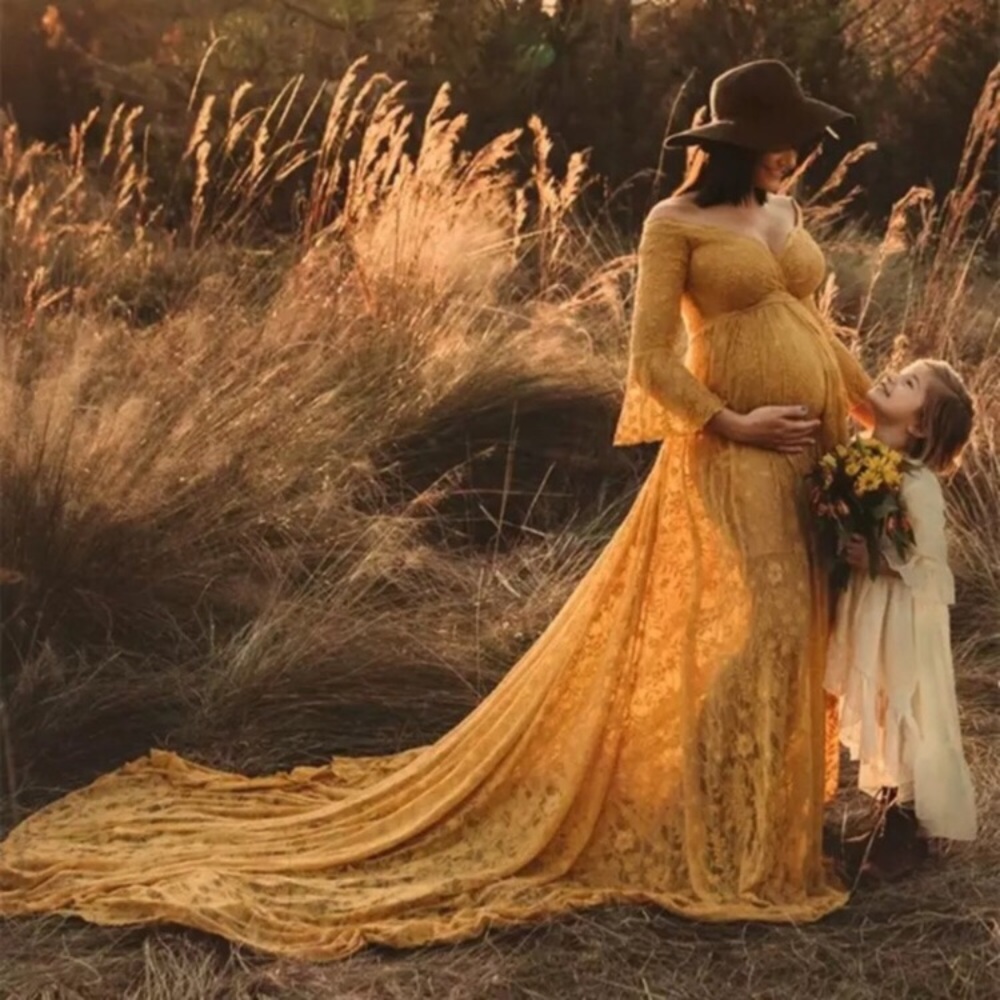 Mustard photo shoot maternity wedding party lace maxi dress gown